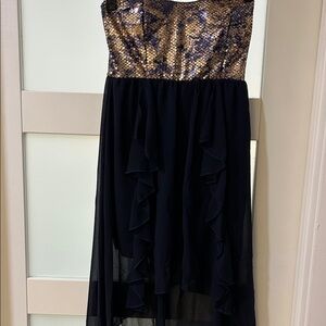 Just Me Navy and Gold Strapless Ruffle Skirt Cocktail Dress